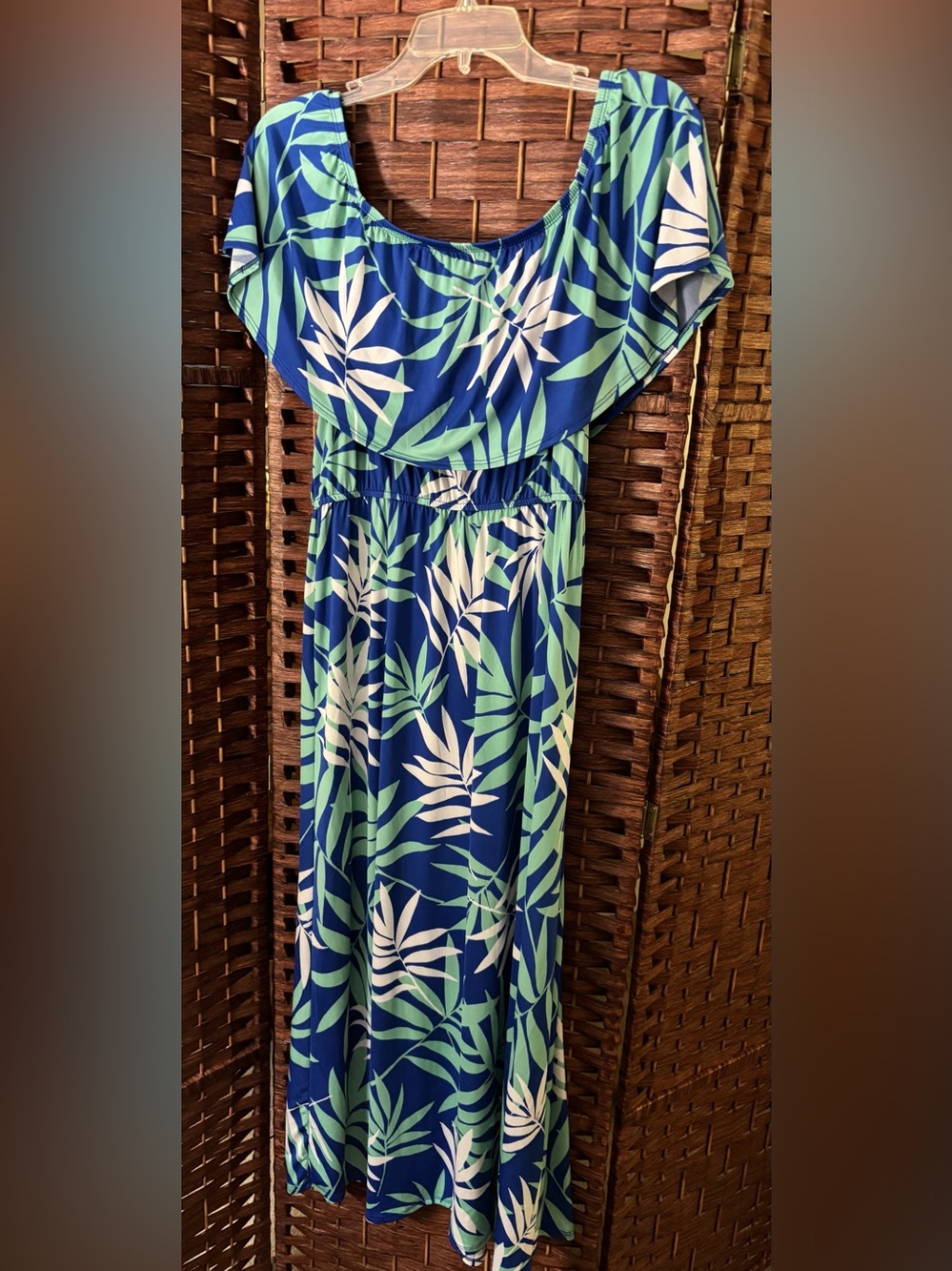 Nelco Fashion Tropical Floral Off-Shoulder Maxi Dress in Blue & Mint